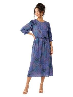 Just In Thyme Paisley Chiffon Dress Blue Purple Blouson Sleeve Boho Vintage